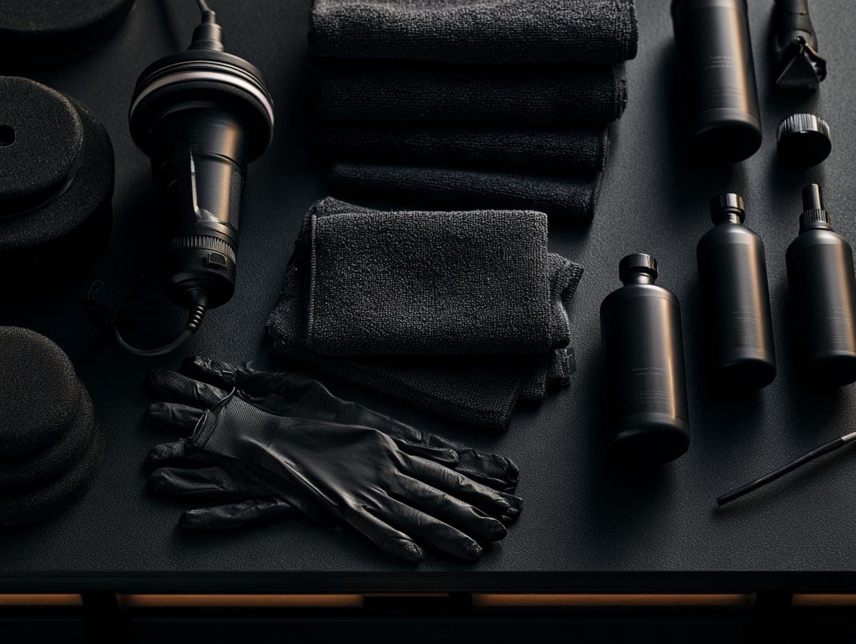 Detailing tools laid out on a dark workbench