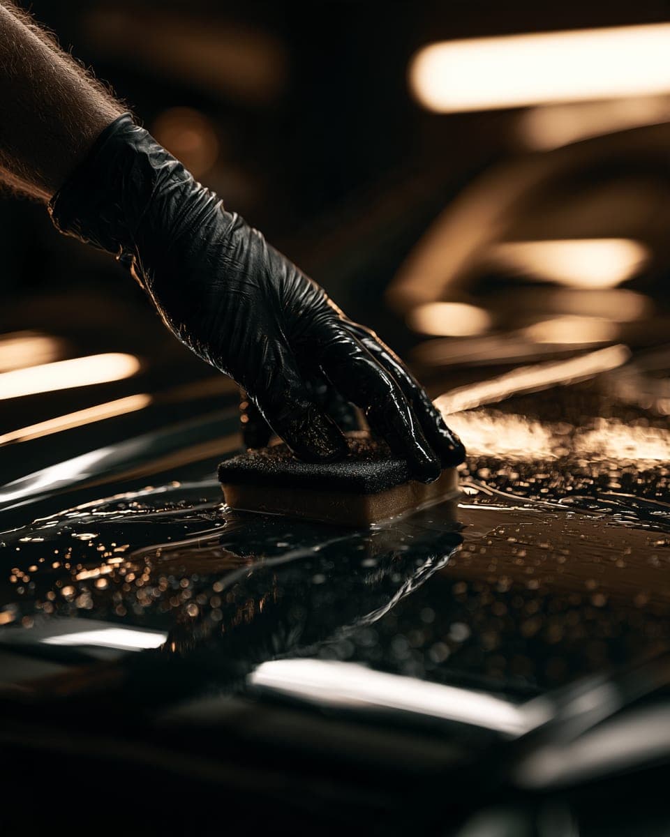 Gloved hand applying ceramic coating to a dark hood