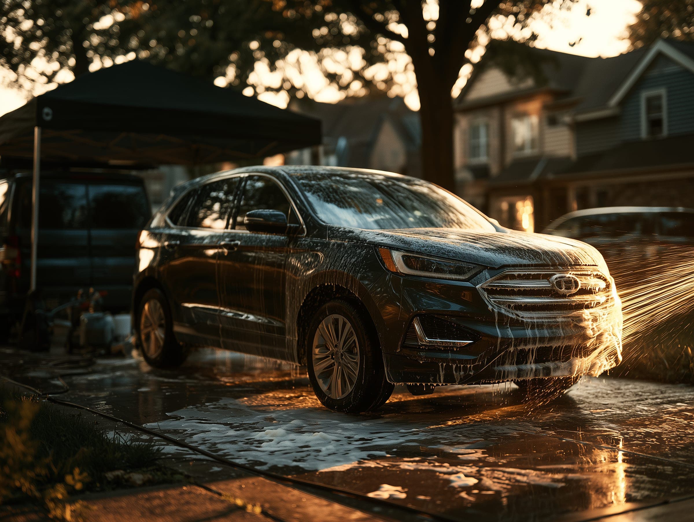 SUV covered in foam in a driveway at golden hour