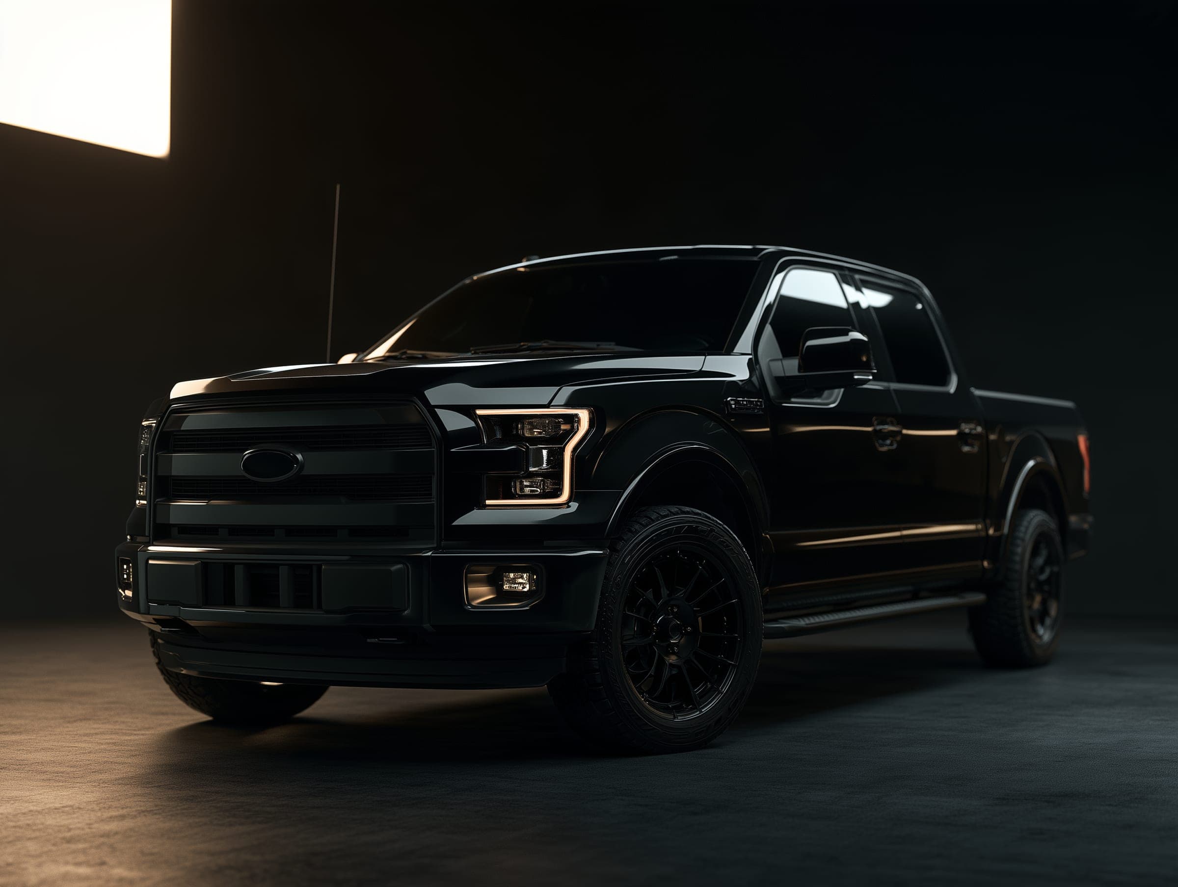 Freshly detailed black pickup truck in a dark studio