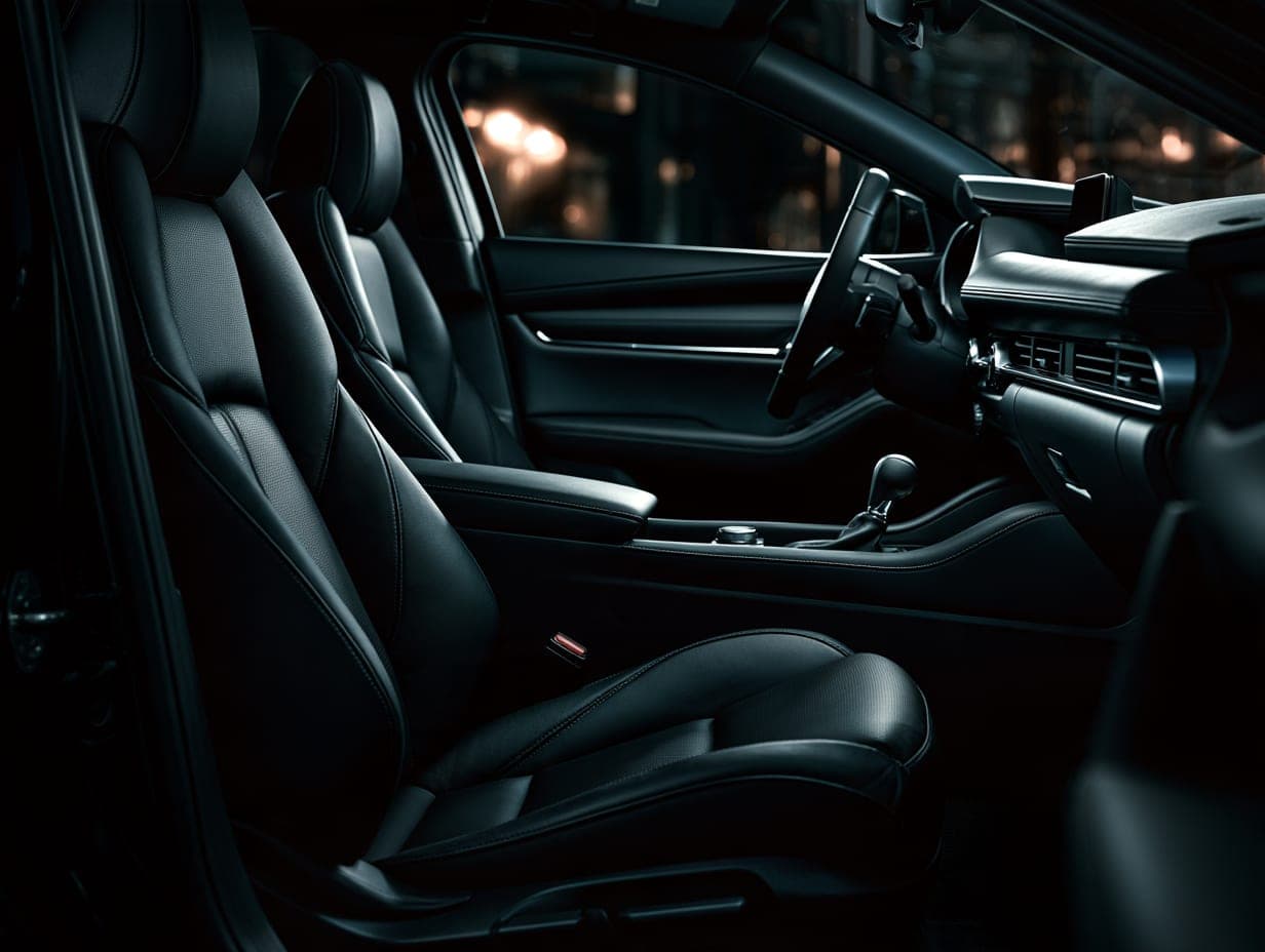 Detailed black leather interior under soft light