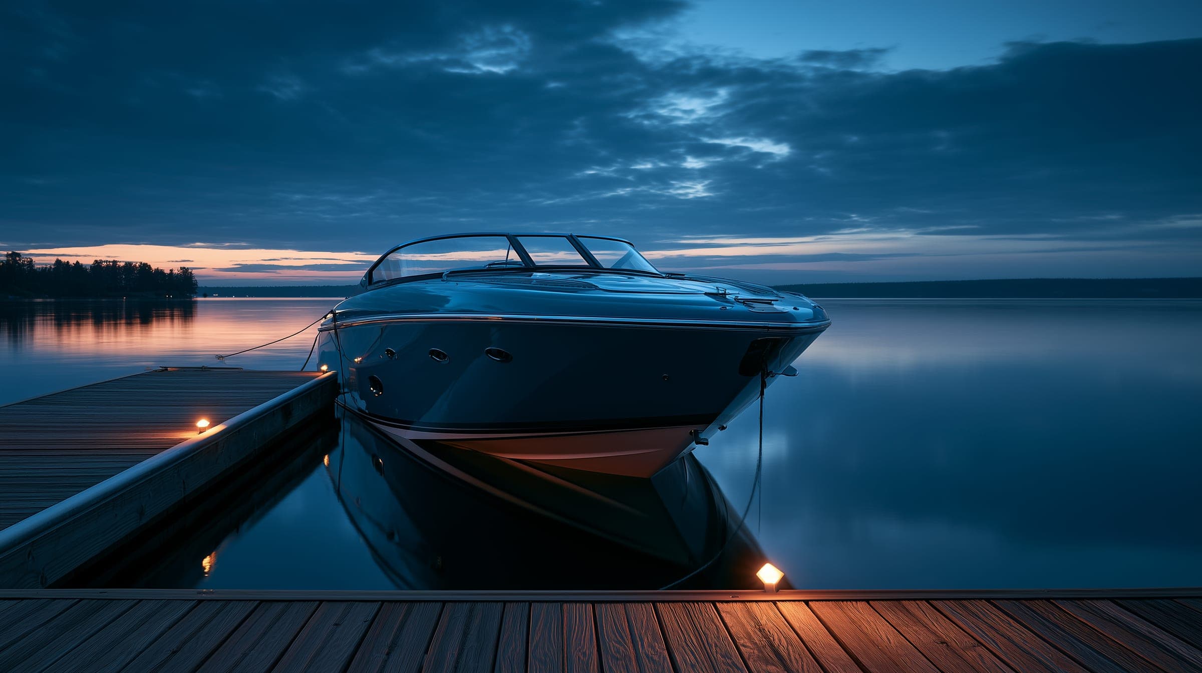 Polished boat hull gleaming at a dock