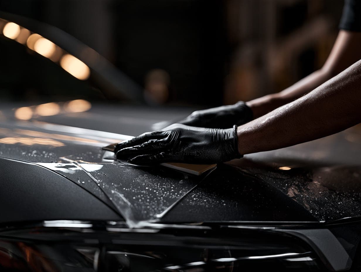 Clear paint protection film being squeegeed onto a hood