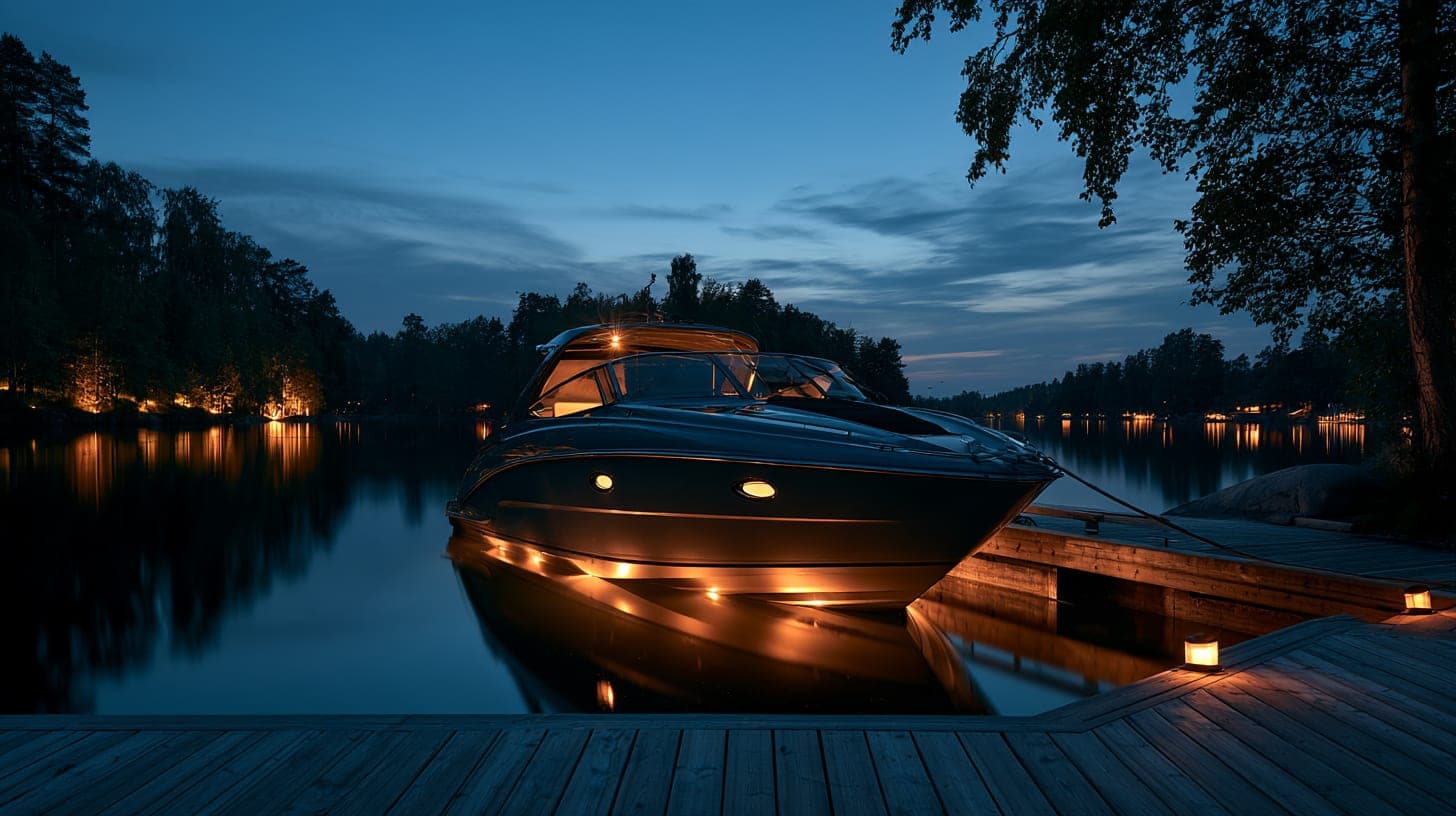 Polished runabout hull at a lake dock at dusk