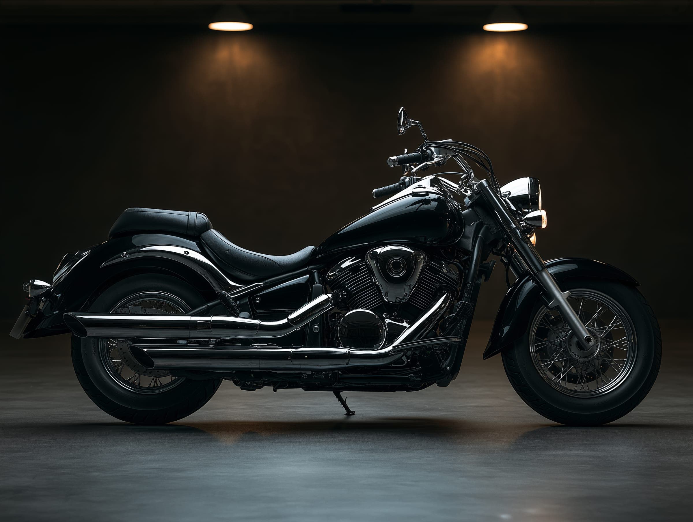 Black cruiser motorcycle with polished chrome