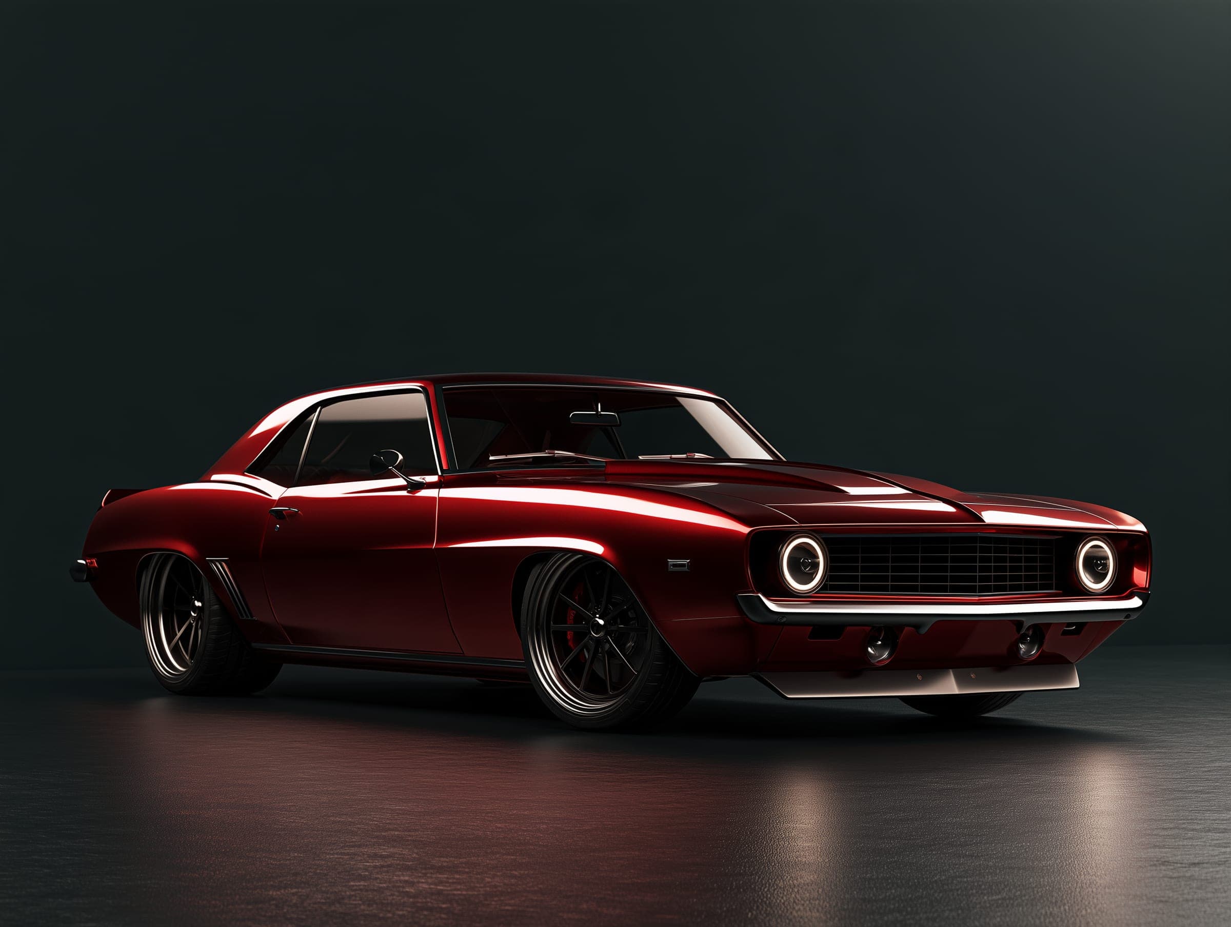 Deep red classic muscle car in a dark studio
