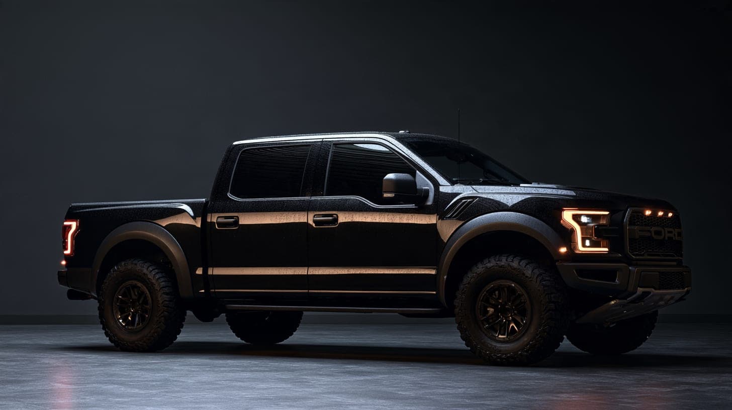 Black pickup truck, front three-quarter, in a dark studio