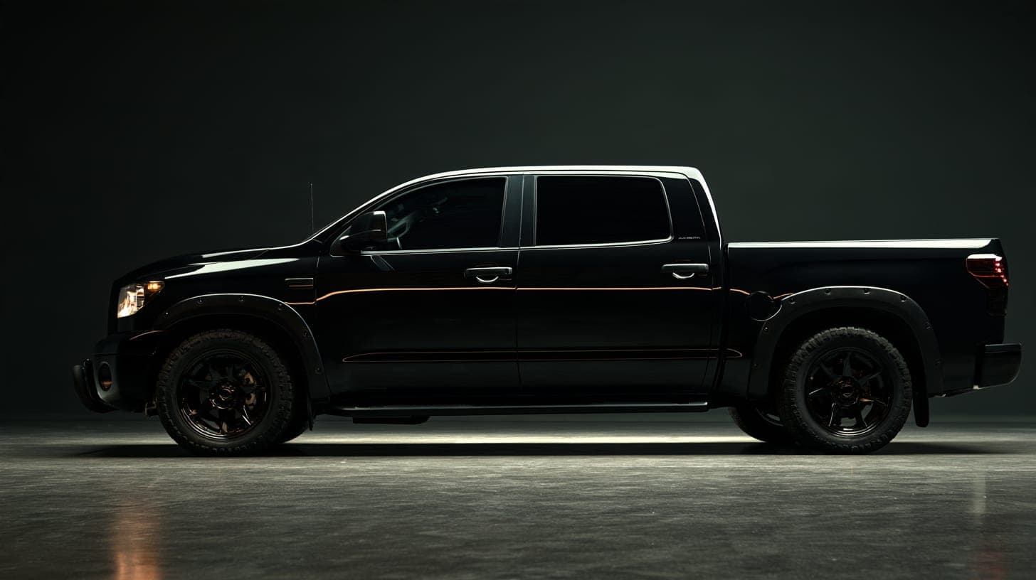 Black pickup truck, side profile, in a dark studio